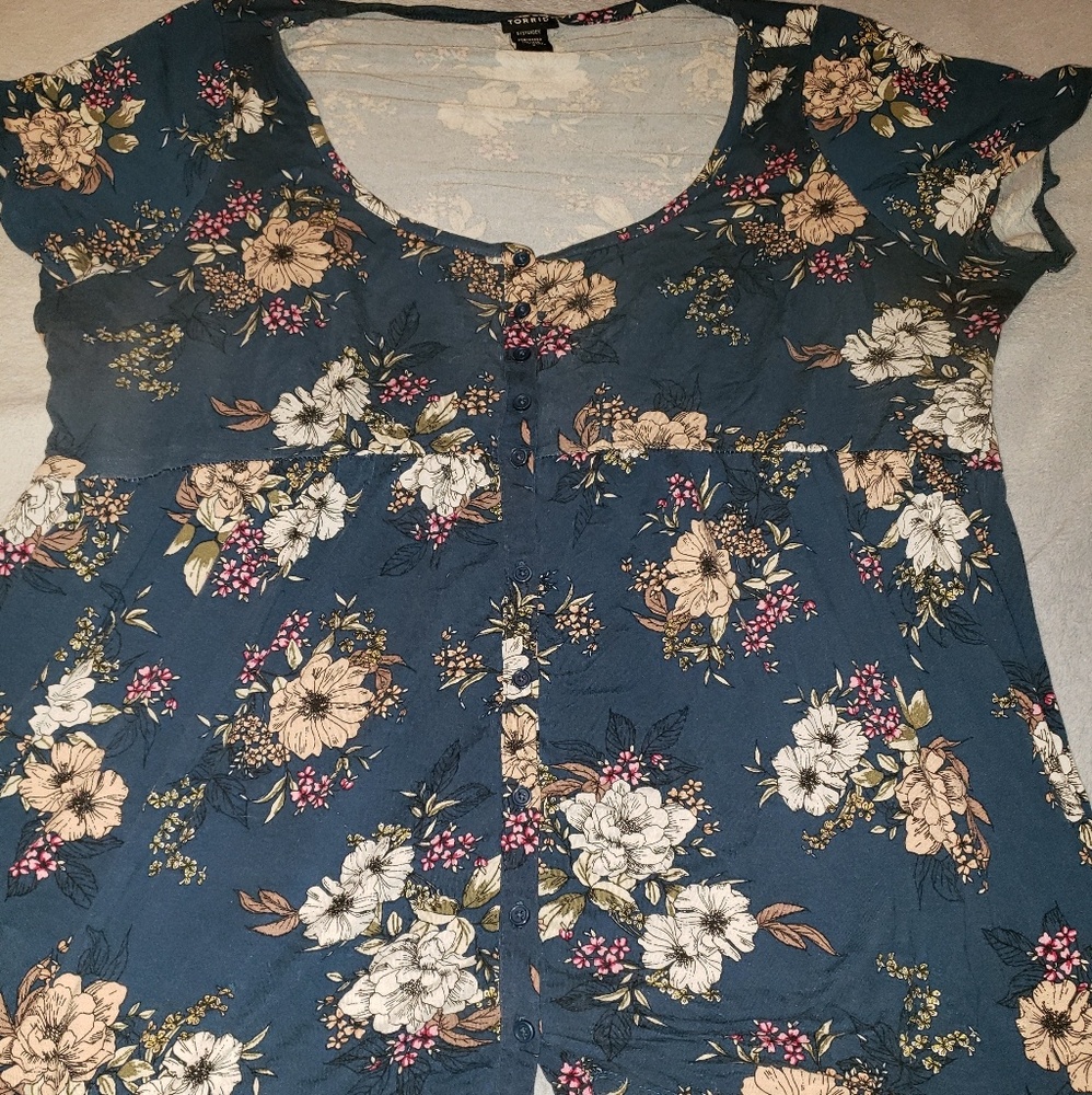 Torrid button down Teal with pink flowers size 2
